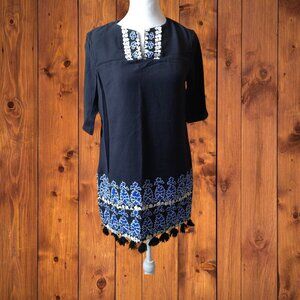 SUNO Women's Size 4 Short Sleeve Floral Accent Tassel Dress Boho Peasant